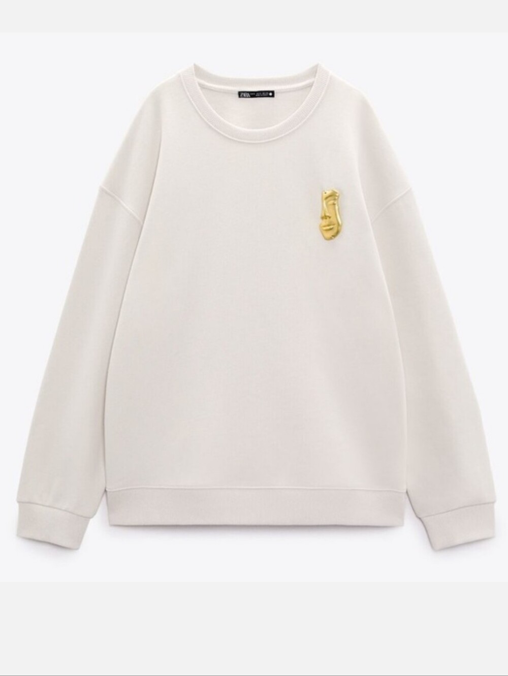 ZARA Cream Crewneck Sweatshirt Womens with Gold Plated Face SIZE M